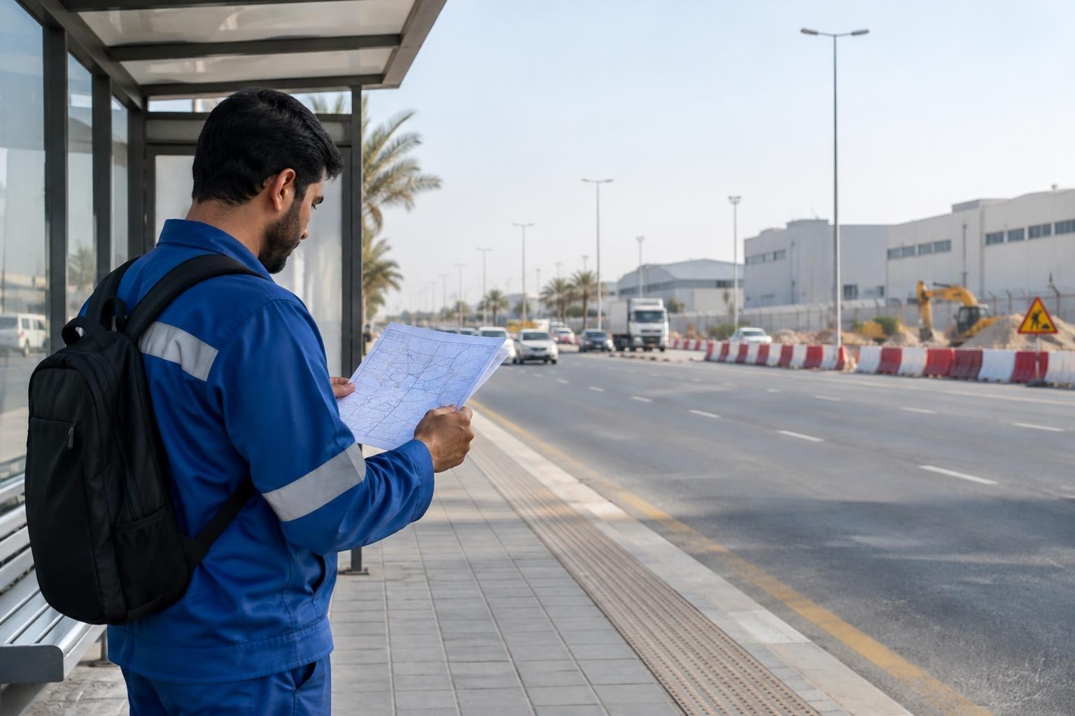 صورة توضيحية لعامل يتفقد خريطة التنقل إلى العمل بجوار موقف حافلات في منطقة صناعية