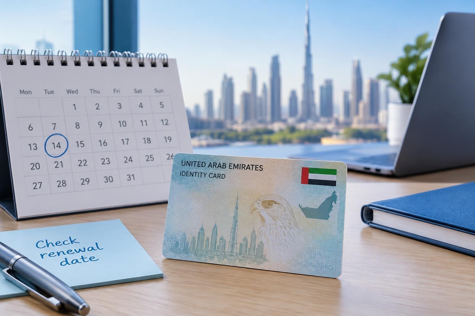 نموذج توضيحي لبطاقة على غرار الهوية الإماراتية بجانب تقويم خاص للتجديد، دون بيانات شخصية أو قابلة للقراءة آليًا