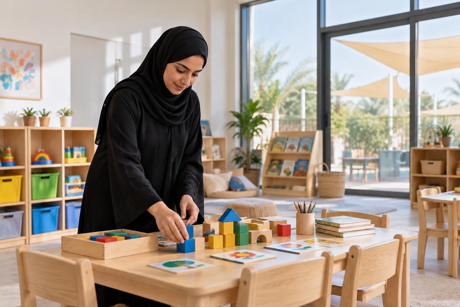 صورة توضيحية لمعلّمة في مرحلة الطفولة المبكرة ترتّب مواد تعليمية داخل قاعة حضانة مضيئة دون وجود أطفال