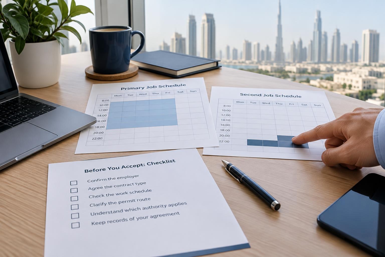 Illustrative employee comparing two work schedules with a blank permit checklist