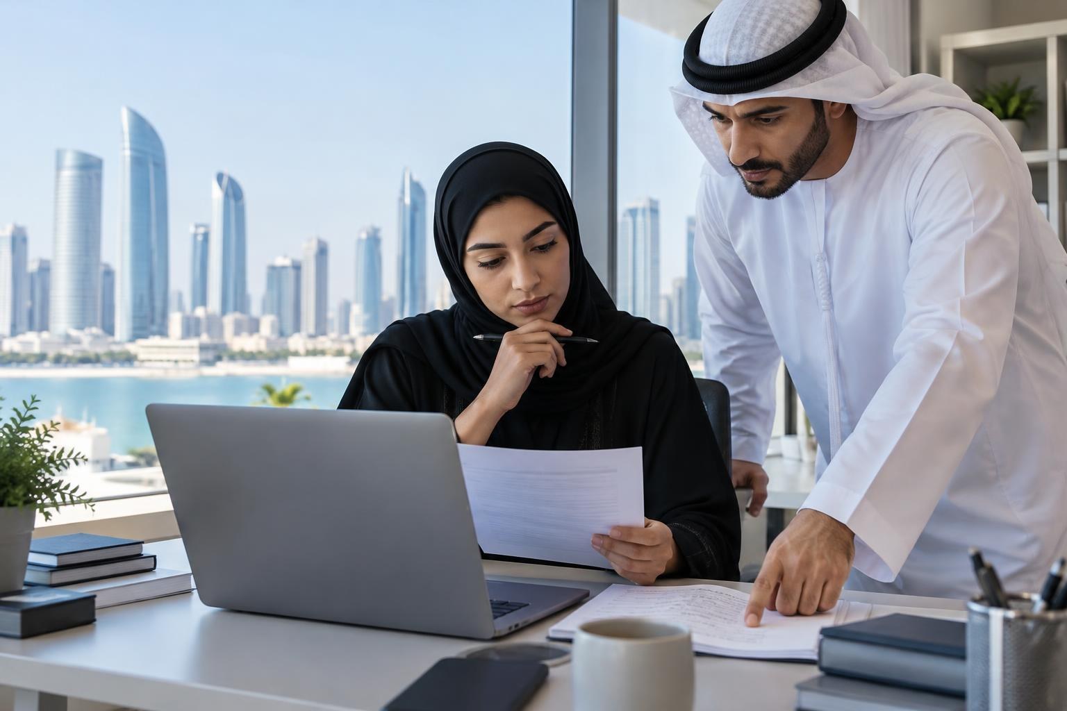 صورة توضيحية لمهنيين يراجعان مستندًا بجوار حاسوب محمول في مكتب بأبوظبي