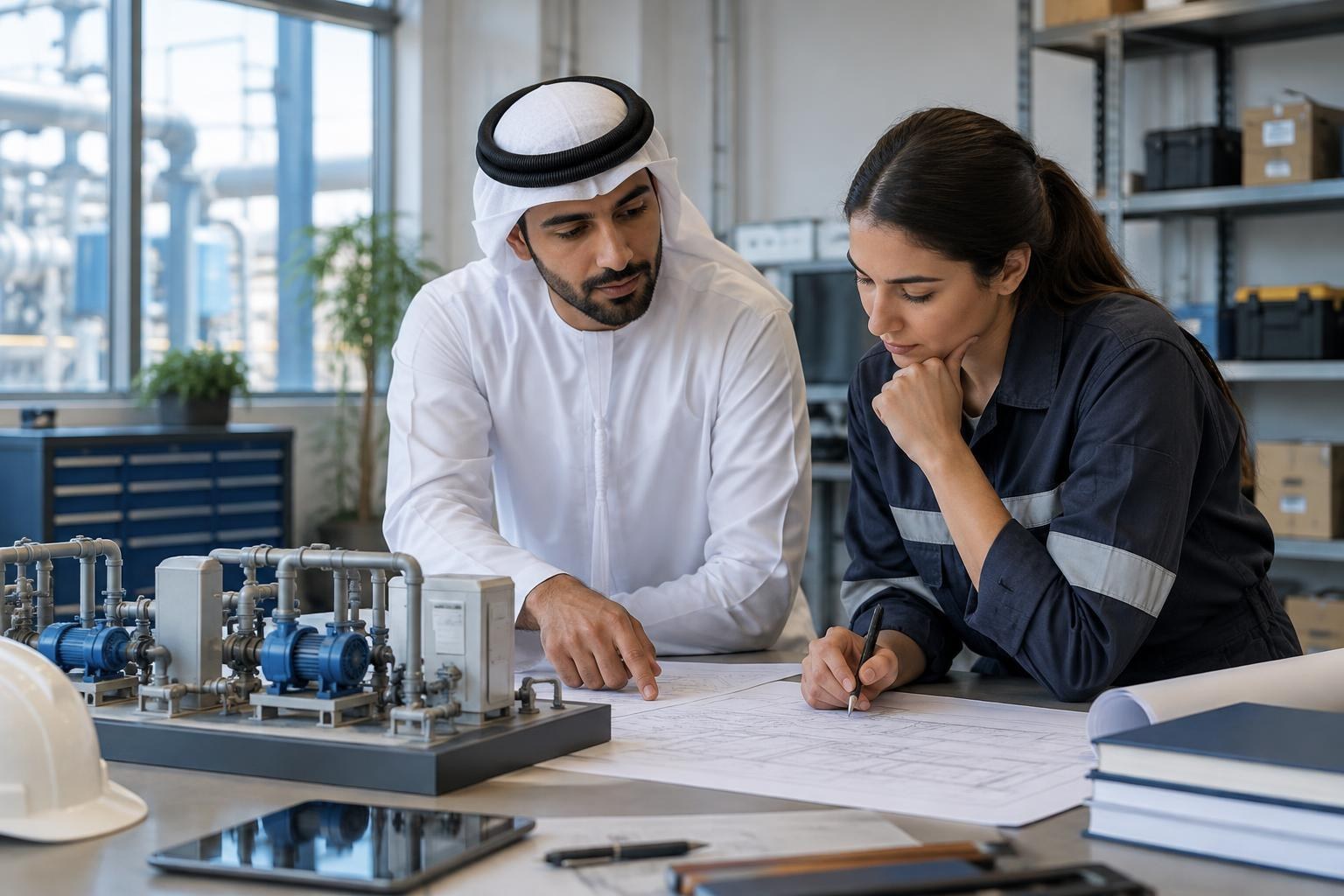 Illustrative facilities professional and colleague inspecting a labelled equipment model and maintenance plan in a technical office