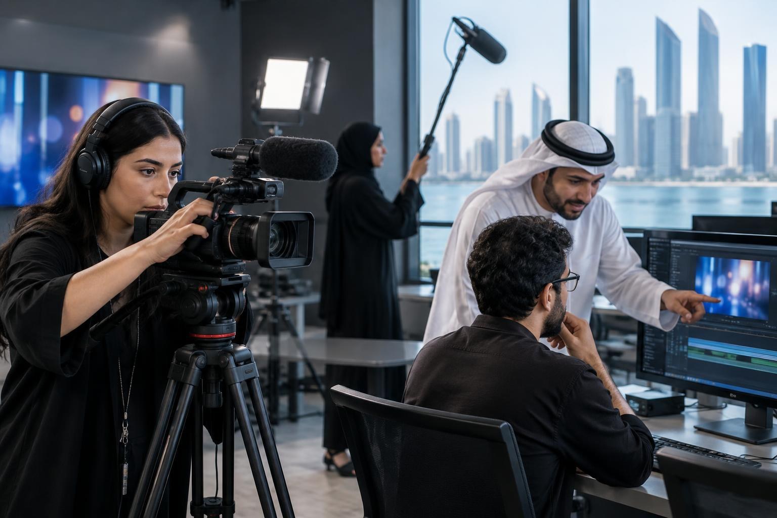 Illustrative newsroom training scene with adult trainees checking footage beside a camera and editing monitor